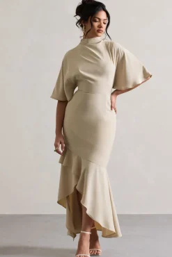 Lavinia | Champagne High-Neck Flutter-Sleeve Asymmetric Maxi Dress