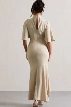 Lavinia | Champagne High-Neck Flutter-Sleeve Asymmetric Maxi Dress