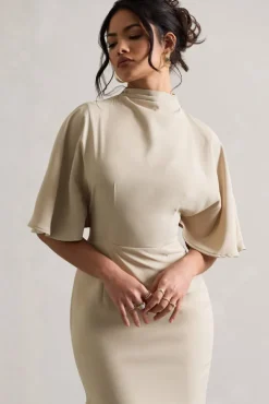Lavinia | Champagne High-Neck Flutter-Sleeve Asymmetric Maxi Dress
