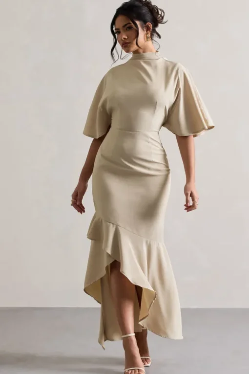 Lavinia | Champagne High-Neck Flutter-Sleeve Asymmetric Maxi Dress