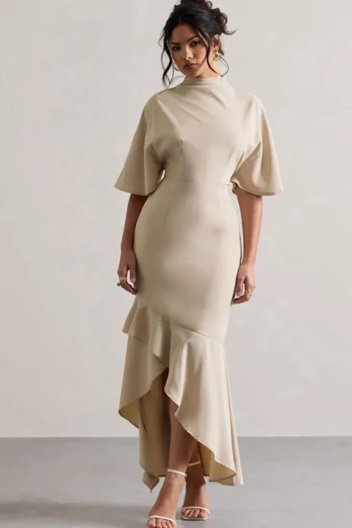 Lavinia | Champagne High-Neck Flutter-Sleeve Asymmetric Maxi Dress