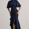 Lavinia | Navy High-Neck Flutter-Sleeve Asymmetric Maxi Dress