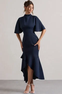 Lavinia | Navy High-Neck Flutter-Sleeve Asymmetric Maxi Dress