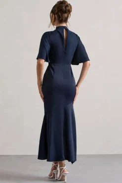 Lavinia | Navy High-Neck Flutter-Sleeve Asymmetric Maxi Dress
