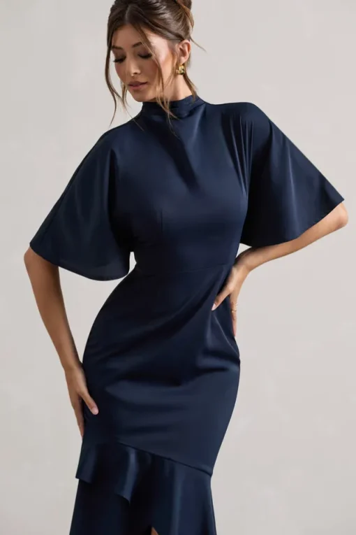 Lavinia | Navy High-Neck Flutter-Sleeve Asymmetric Maxi Dress