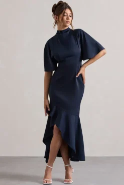 Lavinia | Navy High-Neck Flutter-Sleeve Asymmetric Maxi Dress