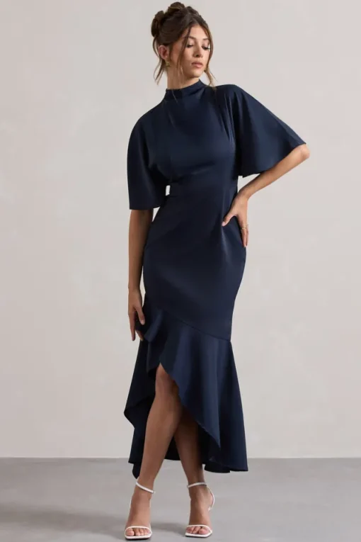 Lavinia | Navy High-Neck Flutter-Sleeve Asymmetric Maxi Dress