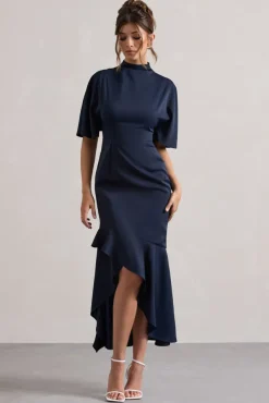 Lavinia | Navy High-Neck Flutter-Sleeve Asymmetric Maxi Dress