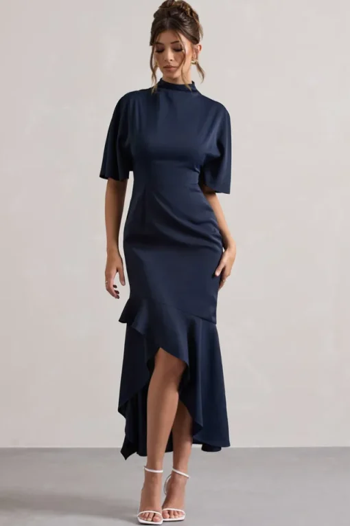 Lavinia | Navy High-Neck Flutter-Sleeve Asymmetric Maxi Dress