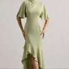 Lavinia | Sage High-Neck Flutter-Sleeve Asymmetric Maxi Dress