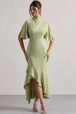 Lavinia | Sage High-Neck Flutter-Sleeve Asymmetric Maxi Dress