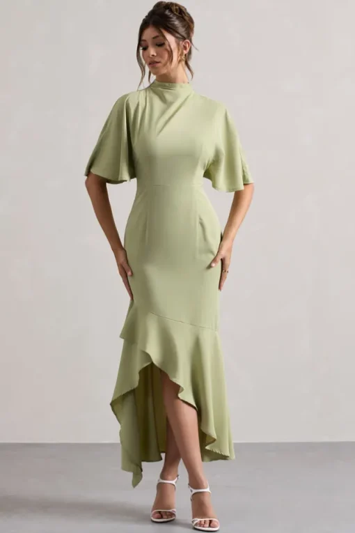 Lavinia | Sage High-Neck Flutter-Sleeve Asymmetric Maxi Dress