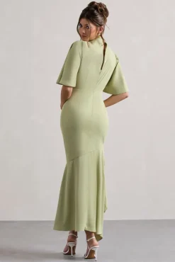 Lavinia | Sage High-Neck Flutter-Sleeve Asymmetric Maxi Dress