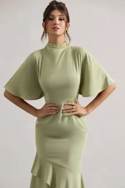 Lavinia | Sage High-Neck Flutter-Sleeve Asymmetric Maxi Dress