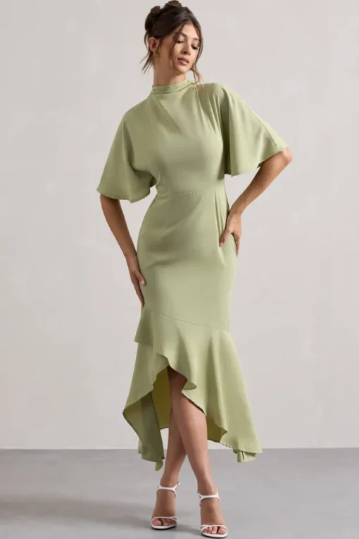 Lavinia | Sage High-Neck Flutter-Sleeve Asymmetric Maxi Dress