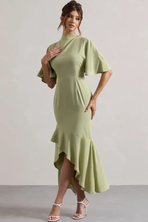 Lavinia | Sage High-Neck Flutter-Sleeve Asymmetric Maxi Dress