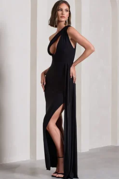 Lavish | Black One Shoulder Drape Maxi Dress
