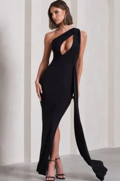 Lavish | Black One Shoulder Drape Maxi Dress