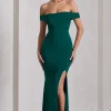 Law of Attraction | Bottle Green Bardot Draped Split Maxi Dress