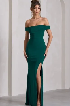 Law of Attraction | Bottle Green Bardot Draped Split Maxi Dress