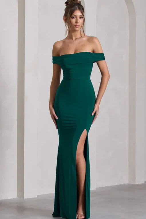 Law of Attraction | Bottle Green Bardot Draped Split Maxi Dress