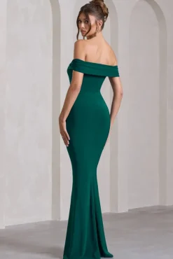 Law of Attraction | Bottle Green Bardot Draped Split Maxi Dress