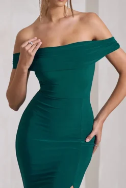 Law of Attraction | Bottle Green Bardot Draped Split Maxi Dress