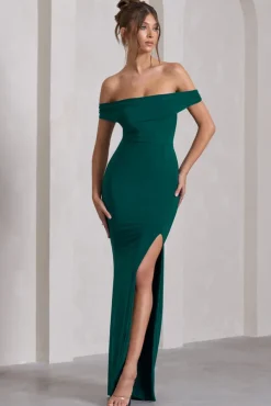 Law of Attraction | Bottle Green Bardot Draped Split Maxi Dress