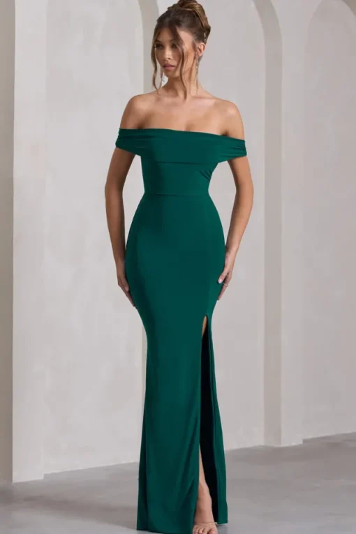 Law of Attraction | Bottle Green Bardot Draped Split Maxi Dress