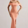 Law of Attraction | Coral Bardot Draped Split Maxi Dress