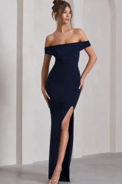 Law of Attraction | Navy Bardot Draped Split Maxi Dress