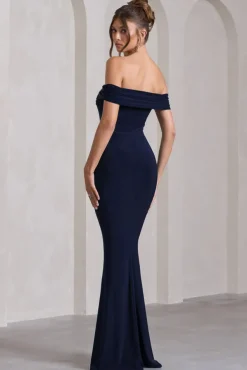 Law of Attraction | Navy Bardot Draped Split Maxi Dress