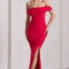 Law of Attraction | Red Bardot Draped Split Maxi Dress