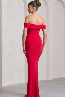 Law of Attraction | Red Bardot Draped Split Maxi Dress