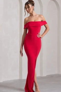 Law of Attraction | Red Bardot Draped Split Maxi Dress