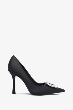 Lawless | Black Satin Pointed Court Heels With Diamante Brooches