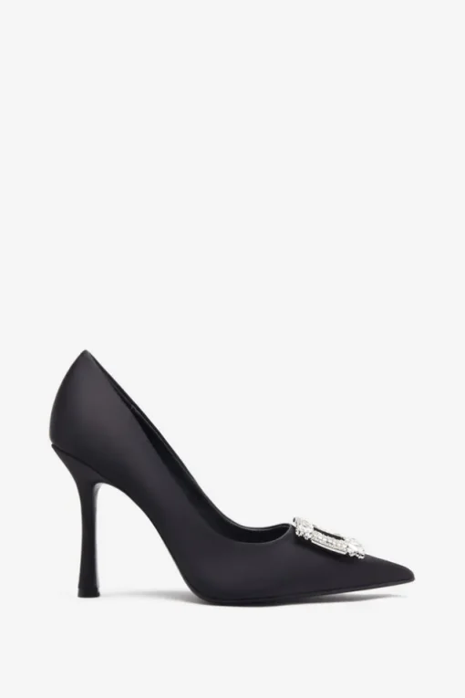 Lawless | Black Satin Pointed Court Heels With Diamante Brooches