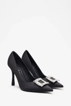 Lawless | Black Satin Pointed Court Heels With Diamante Brooches