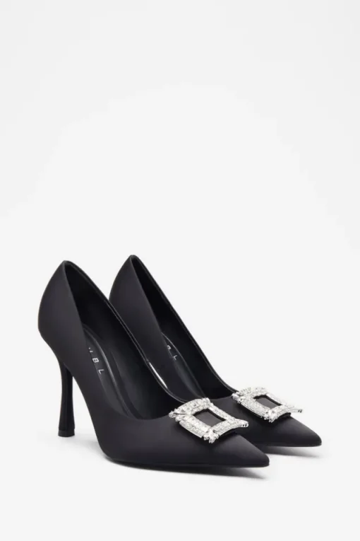 Lawless | Black Satin Pointed Court Heels With Diamante Brooches