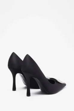 Lawless | Black Satin Pointed Court Heels With Diamante Brooches