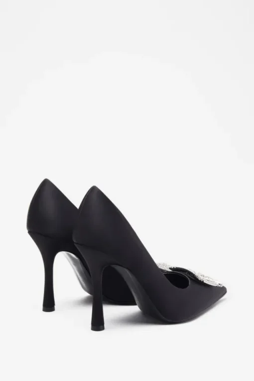 Lawless | Black Satin Pointed Court Heels With Diamante Brooches