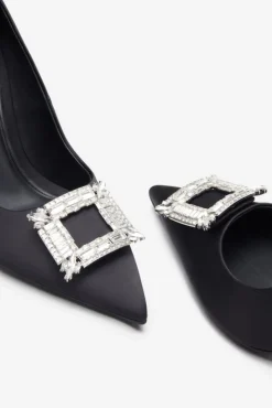 Lawless | Black Satin Pointed Court Heels With Diamante Brooches