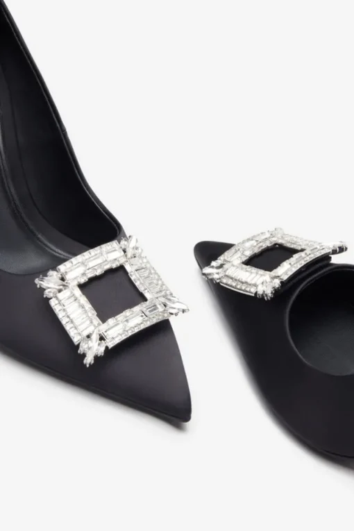 Lawless | Black Satin Pointed Court Heels With Diamante Brooches