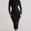 Lea | Black Long Sleeve Ruched Midi Dress with Draped Bardot Overlay