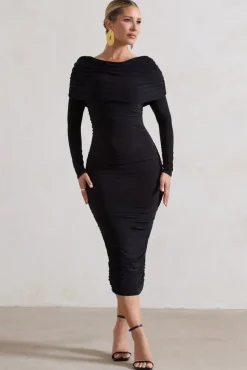 Lea | Black Long Sleeve Ruched Midi Dress with Draped Bardot Overlay