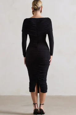 Lea | Black Long Sleeve Ruched Midi Dress with Draped Bardot Overlay