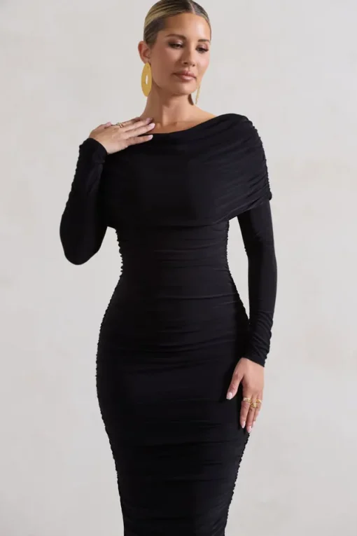 Lea | Black Long Sleeve Ruched Midi Dress with Draped Bardot Overlay