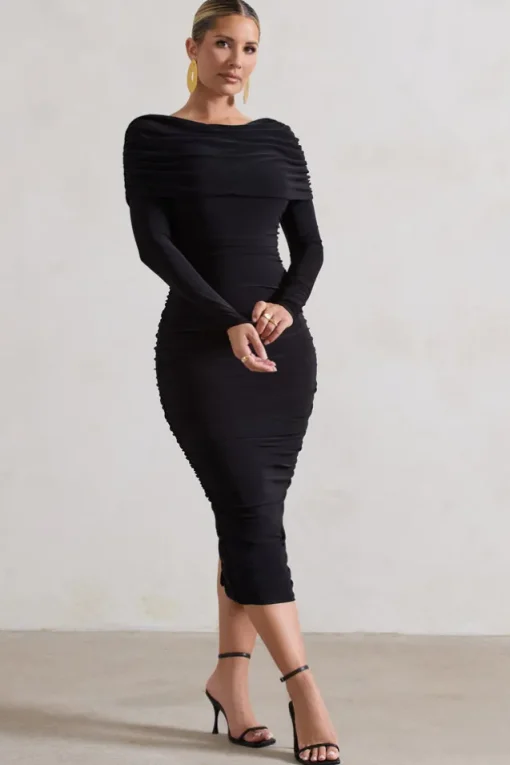 Lea | Black Long Sleeve Ruched Midi Dress with Draped Bardot Overlay