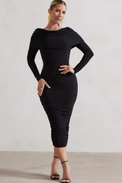 Lea | Black Long Sleeve Ruched Midi Dress with Draped Bardot Overlay