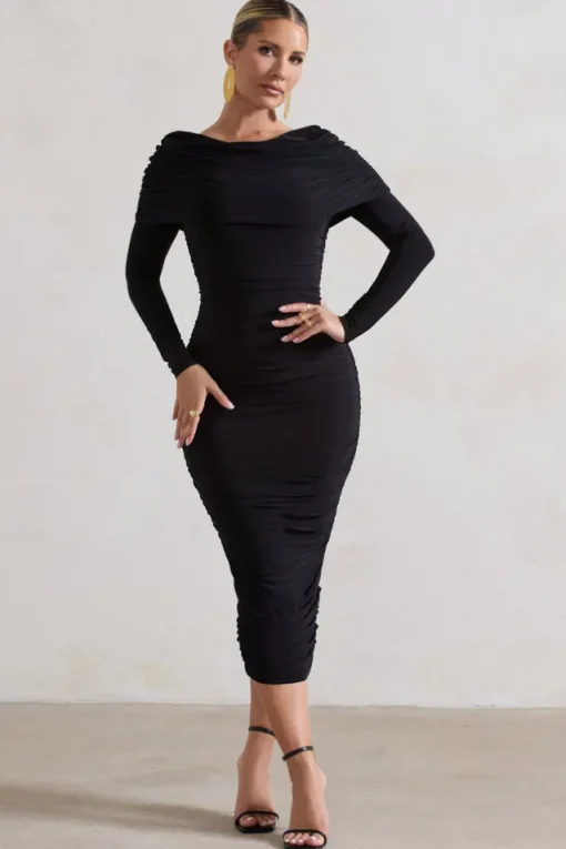 Lea | Black Long Sleeve Ruched Midi Dress with Draped Bardot Overlay
